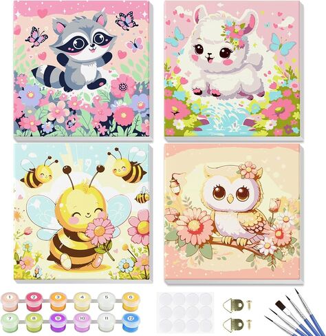 4 Pack Paint by Numbers Kits for Kids with Wooden Frame-Cartoon Animal Painting by Numbers for Kids Adults Beginners, Easy Paint by Numbers Kit Crafts for Kid Paint by Number for Wall Decor(8X8inch) in Kuwait