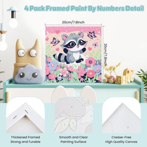 4 Pack Paint by Numbers Kits for Kids with Wooden Frame-Cartoon Animal Painting by Numbers for Kids Adults Beginners, Easy Paint by Numbers Kit Crafts for Kid Paint by Number for Wall Decor(8X8inch) in Kuwait