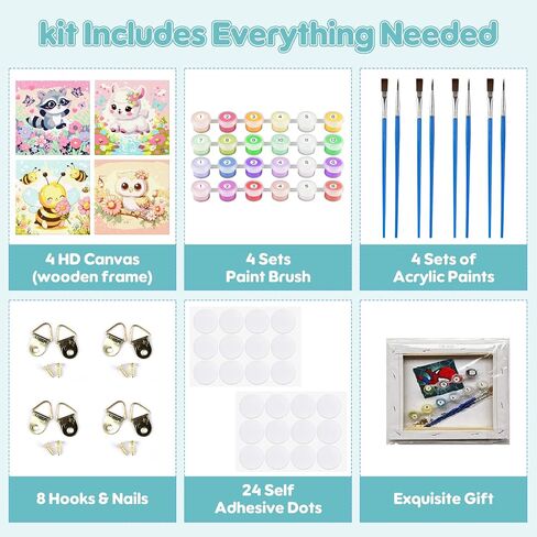 4 Pack Paint by Numbers Kits for Kids with Wooden Frame-Cartoon Animal Painting by Numbers for Kids Adults Beginners, Easy Paint by Numbers Kit Crafts for Kid Paint by Number for Wall Decor(8X8inch) in Kuwait