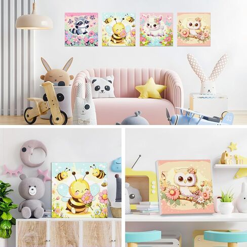 4 Pack Paint by Numbers Kits for Kids with Wooden Frame-Cartoon Animal Painting by Numbers for Kids Adults Beginners, Easy Paint by Numbers Kit Crafts for Kid Paint by Number for Wall Decor(8X8inch) in Kuwait