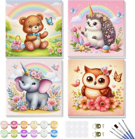 4 Pack Paint by Numbers Kits for Kids with Wooden Frame-Cartoon Animal Painting by Numbers for Kids Adults Beginners, Easy Paint by Numbers Kit Crafts for Kid Paint by Number for Wall Decor(8X8inch) in Kuwait