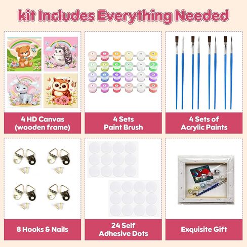 4 Pack Paint by Numbers Kits for Kids with Wooden Frame-Cartoon Animal Painting by Numbers for Kids Adults Beginners, Easy Paint by Numbers Kit Crafts for Kid Paint by Number for Wall Decor(8X8inch) in Kuwait