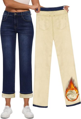 Women Fleece Lined Jeans Women's High Waisted Straight Leg Jeans Winter Fleece Lined Jean Pants in Kuwait