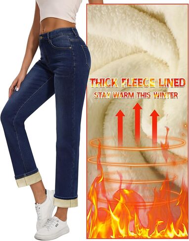 Women Fleece Lined Jeans Women's High Waisted Straight Leg Jeans Winter Fleece Lined Jean Pants in Kuwait