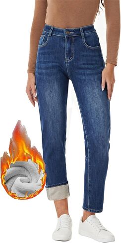 Women's Winter Fleece Lined Jeans Girlfriend Mid Rise Casual Thermal Sherpa Warm Denim Jean in Kuwait
