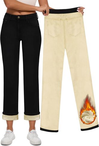 Women Fleece Lined Jeans Women's High Waisted Straight Leg Jeans Winter Fleece Lined Jean Pants in Kuwait