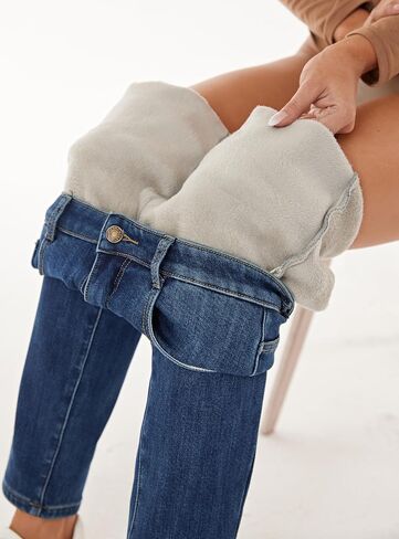 Women's Winter Fleece Lined Jeans Girlfriend Mid Rise Casual Thermal Sherpa Warm Denim Jean in Kuwait