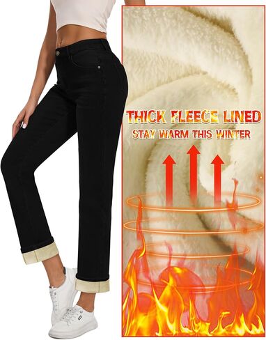Women Fleece Lined Jeans Women's High Waisted Straight Leg Jeans Winter Fleece Lined Jean Pants in Kuwait