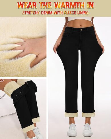 Women Fleece Lined Jeans Women's High Waisted Straight Leg Jeans Winter Fleece Lined Jean Pants in Kuwait