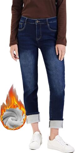 Women's Winter Fleece Lined Jeans Girlfriend Mid Rise Casual Thermal Sherpa Warm Denim Jean in Kuwait