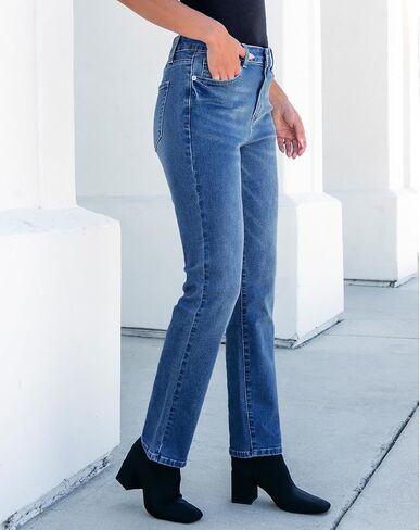 جينز مستقيم الساق من GRAPENT للنساء عالي الخصر عصري ونحيف وكلاسيكي قابل للتمدد من قماش الدنيم مع جيوب in Kuwait