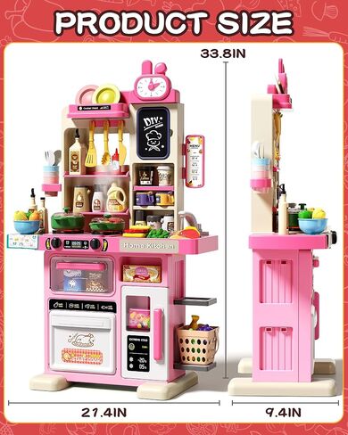 33.8IN - 70PCS Kids Kitchen Playset with Sound & Light - Cooking Stove with Steam, Play Sink and Toy Kitchen Accessories - Pretend Kitchen Play Food Toys for Kids Boys Girls - Toddler Play Kitchen Set in Saudi Arabia
