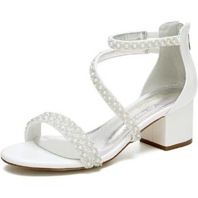 Low Block Heel Wedding Sandals for Bride Open Toe Wedding Shoes Pearl Wedding Heels Bridal Shoes