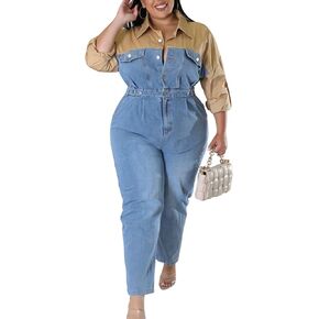 SOMTHRON Women's Plus Size Denim Jumpsuit High Waist V Neck Patchwork Long Sleeve Button Down Rompers Overalls