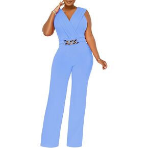 Women's Summer Formal Dressy Jumpsuits Elegant V Neck Sleeveless Party Rompers Stretchy Wrap Wide Leg Long Pants Clubwear