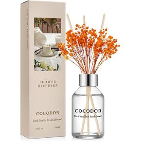 COCODOR Flower Reed Diffuser set / 3.4oz / Dark Vanilla&Sandalwood/Scent Diffuser with Sticks Home Fragrance Reed Diffuser for Bathroom Shelf Decor