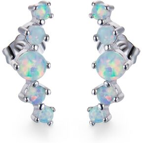 Round Opal Climber Crawler Stud Earrings for Women Girls White Goldtone Plated Pin Created Small Opal Curved Cartilage Ear Piercing Earring Dainty Jewelry Gifts Hypoallergenic