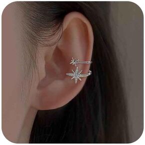 Vintage Crystal Northstar Ear Cuff Earrings Double Rhinestone Star Cuff Earrings Silver Cz North Star Cuff Earrings Starburst Non Pierced Clip on Earrings Jewelry for Women