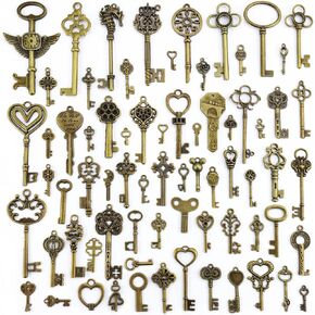JIALEEY Vintage Skeleton Keys, Wholesale Bulk Lots Mixed Set of 100 Antique Bronze Brass Skeleton Castle Dungeon Pirate Keys, 10.5oz/300g