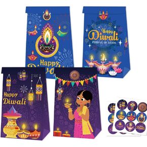 ALIBBON 12 Pcs Happy Diwali Gift Bags, Diwali Party Supplies, Diwali Party Kraft Bags for Gifts Candy Snacks, Blue Purple Party Favor Bags with Handles for Diwali Party Decorations