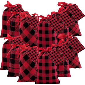 Aneco 12 قطعة صغيرة من القطن لعيد الميلاد منقوشة باللون الأحمر والأسود حقيبة برباط منقوشة مقاس 7.8 × 5.9 بوصة لتخزين كيس تخزين عيد الميلاد وحقيبة حلوى وحقائب هدايا للحفلات مع 20 بطاقة عيد الميلاد in Kuwait