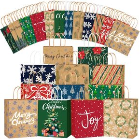 JOICEE 24PCS Christmas Gift Bags，Christmas Kraft Paper Reusable Small Gift Bags Bulk with Handles for Wrapping Holiday Party Xmas Presents(9x7.2x3.6 Inches)
