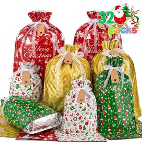 Asoulin Christmas Drawstring Gift Bags with Tags - 32 PCS Stand Up Gift Bags Assorted Sizes Large Medium Small Foil Gift Wrapping Bags for Birthday, Goodies, Xmas Holiday Party Decoration Supplies