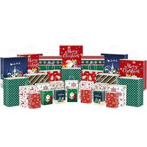 28 Pack Gift Bags with Handle, 12 Designs Bags for Gifts, Assorted Sizes Holiday Gift Bags for Christmas Presents, Reusable Christmas Gift Bag (7 Jumbo, 7 Large, 7 Medium, 7 Small)