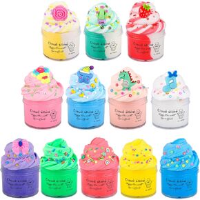 12 Pack Cloud Slime Kit with Cute Charms, Non-Sticky Snow Slime Set Party Favors for Girls Boys, Stress Relief Slimes Toys for Kids