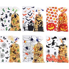 HOXIEYA Halloween Transparent Gift Bags Day of the Dead Cellophane Treat Bags Pumpkin Spider Bat Witch 4 Designs Goodies Bags for Treat With Twist Ties