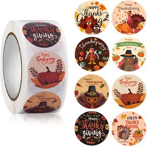 500 Pcs Thanksgiving Stickers Roll,1 Inch 8 Designs Happy Thanksgiving Turkey Theme Sticker for Thanksgiving Party Favors Supplies Envelope Seals Gift Card Gift Box Decoration