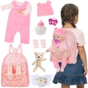 Baby Doll Clothes with Doll Backpack Carrier for 14-18 Inch Doll,Reborn Baby Doll Accessories Set with Doll Bottles Doll Pacifiers for Toddlers and Kids 2 3 4 5 Year Old（Doll not Included）