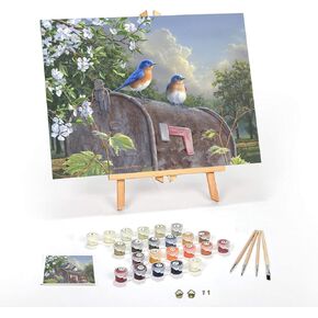Ledgebay DIY Paint by Numbers Kit for Adults Framed Canvas Beginner to Advanced Paint by Numbers Kit Kits Include Acrylic Paint Set Brushes Tabletop Easel (Rural Route Bluebirds16 x 20" Framed)