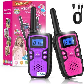 Wishouse Walkie Talkies for Kids Rechargeable Long Range,Xmas Birthday Gift for 4 5 6 7 8 9 Year Old Girls,Hiking Gear Camping Games Cool Toys with NOAA,SOS Siren,Lamp,Lanyards,Easy to Use,2 Pack