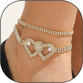 Silver Full Rhinestone Love Heart Anklets, Adjustable Double Layer Statement Anklets, Fashionable Beach Vacation Jewelry Gifts for Women