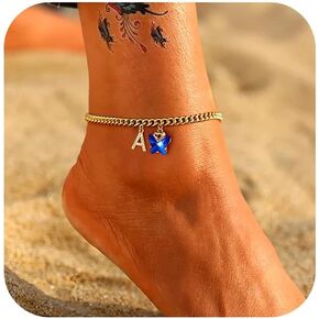 Anoup Gold Ankle Bracelets for Women - Butterfly Initial Anklets for Women 14K Solid Gold Over Anklets Waterproof Cuban Link Chain Anklets Set Summer Foot Jewelry Beach Jewelry