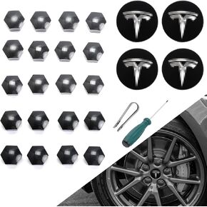 ROCCS Compatible with Tesla Model 3 S X Set Aero Wheel Cap Kit, Center Logo Emblem Modification Hub Cover with Cap Lug Nut Cover, Silver