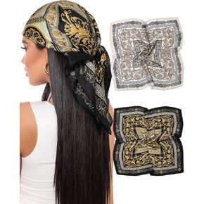 AWAYTR 27.5" Satin Head Scarf for Women Like Silk Scarf Hair Bandanas Women 2Pcs Satin Neck Scarf Headscarf Hair Wrap