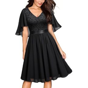 MISSMAY Women's Vintage V Neck Lace Chiffon Elegant Wedding Guest Party Dress