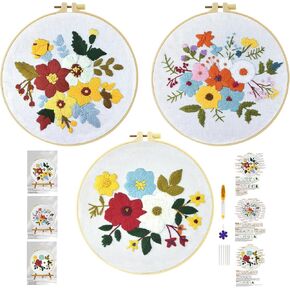 Xinpinzhou 3 Pcs River Landscape Embroidery Kit, Beginning Easy Stamped Funny Hand Embroidery Patterns Starter Kits Set for Beginners Adults Bordado with Cloth, Thread, Needle, Hoop, Scissors