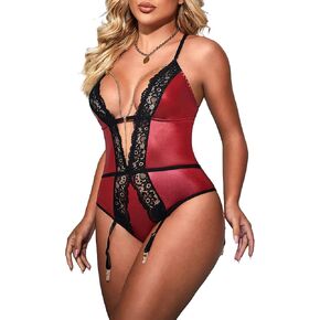 ohyeahlady Sexy Lingerie for Women Faux Leather Deep V Neck Teddy Corset One Piece Lace Bodysuit With Garter Belt Clubwear
