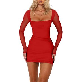 HYPERFIRE Women's Mesh Long Sleeve Square Neck Tie Back Mini Dress Cocktail Party Club Dresses Going Out