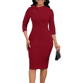 Women's Retro 1950s 3/4 Sleeve Tie Neck Bodycon Midi Dress Elegant Church Dress