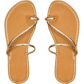 OYOANGLE Women's Metallic Cross Strap Toe Ring Sandals Open Toe Slip on Flat Sandal