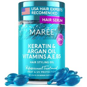 MAREE Hair Styling Oil - No Rinse Conditioner for Frizzy Dry & Damaged Hair - Keratin Treatment with Argan, Jojoba & Avocado Oils Vitamins A C E B5 - Leave-in Anti Frizz Hair Styling Oil - 30 Capsules