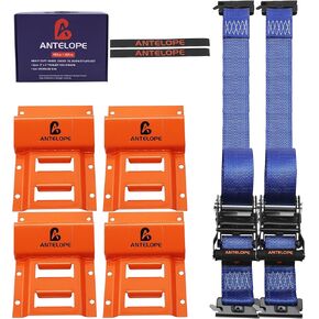 A ANTELOPE Wheel Stop Tie-Down Kit, 2" x 6’ Tie-Down Strap Kit, Heavy Duty Trailer Tie-Down System for 10"-23" Wheels, ATVs, UTVs, Trailers, Wheel Stops and Tie-Downs Tight Fittings, 4 Pack (Blue)