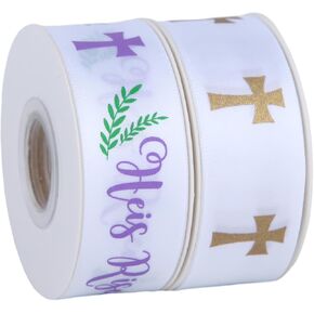 2 Rolls 7/8 Inch He is Risen Cross Religious Ribbon for Church Services, Sunday School, Easter Services, Gift Wrap, Easter Baskets (Cross Set)