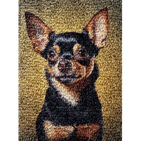 Little Black Chihuahua Dog Latch Hook Rug Kit for Adults DIY Carpet Cushion with Printed Canvas Crochet Yarn Craft Hook and Latch Tapestry for Home Decor Pets Warm Pads 52x38cm
