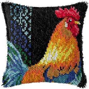 Rooster Latch Hook Kits Pillow Crochet Yarn Rug Pre-Printed Cushion Needlework Pillowcase Hook and Latch Kit Christmas Home Sofa Decoration 43x43cm