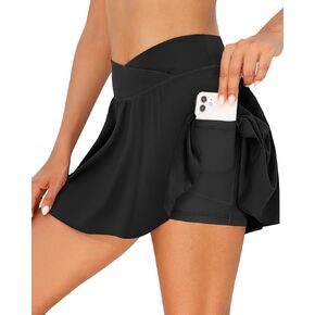 Zmart High Waisted Swim Skirt - Women V Cross Bathing Suit Pleated Skorts Bottom with Boxer Liner & Pockets